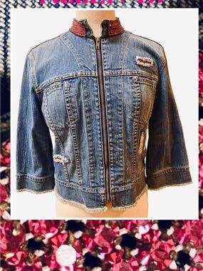 ALLEN B. by Allen Schwartz Blue Denim Pink Rhinestone Trim Zipper Front L NEW Y2